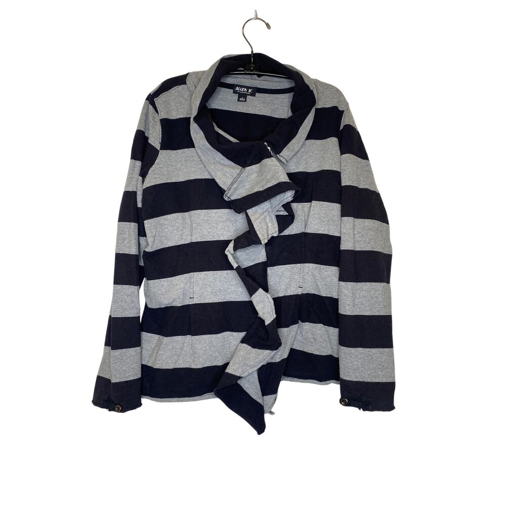 Allen B. Allen Schwartz Ponte Knit Stripe Zip Ruffle Cardigan EUC Sz Lg Cotton